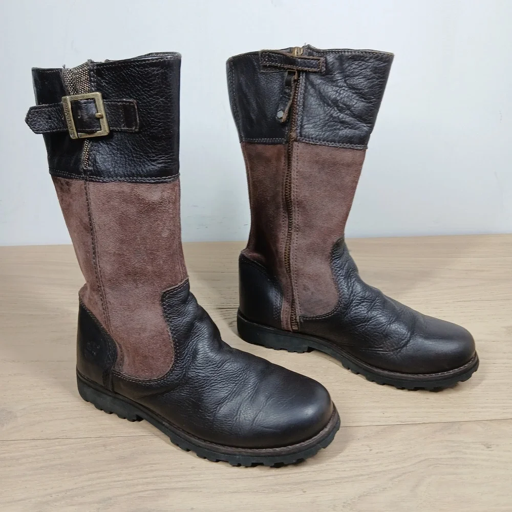 Timberland Boots Girls 3 Brown Leather Buckle Mid Calf Rugged Outdoor Casual